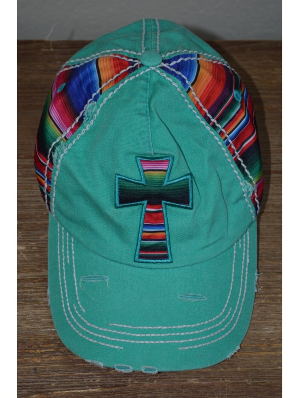 Women's Baseball Hat Rainbow Distressed  Cross Coastal Western Boho Chic Retro